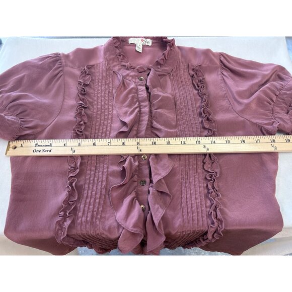 Y2K Ruffle Button Up Blouse Womens S Short Puff Sleeves Mauve Mandarin Collar - Picture 11 of 13
